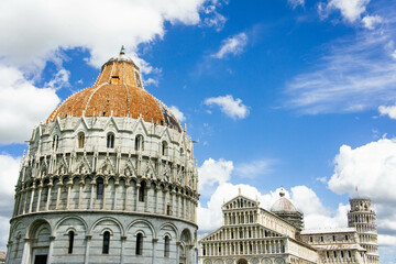 The Square of Miracles of Pisa, with the Cathedral dedicated to Santa Maria Assunta, the baptistery, and the Leaning Tower of Pisa.
