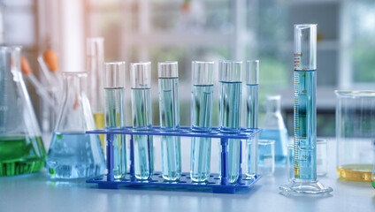 Laboratory research, test tubes with lab glassware, science laboratory research and development concept