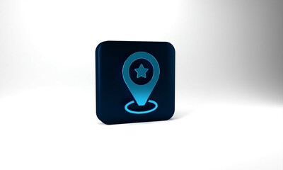 Blue Map pointer with star icon isolated on grey background. Star favorite pin map icon. Map markers. Blue square button. 3d illustration 3D render