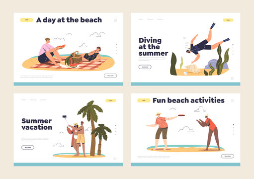 Summer activities on beach template landing pages set with young people on vacation on sea resort