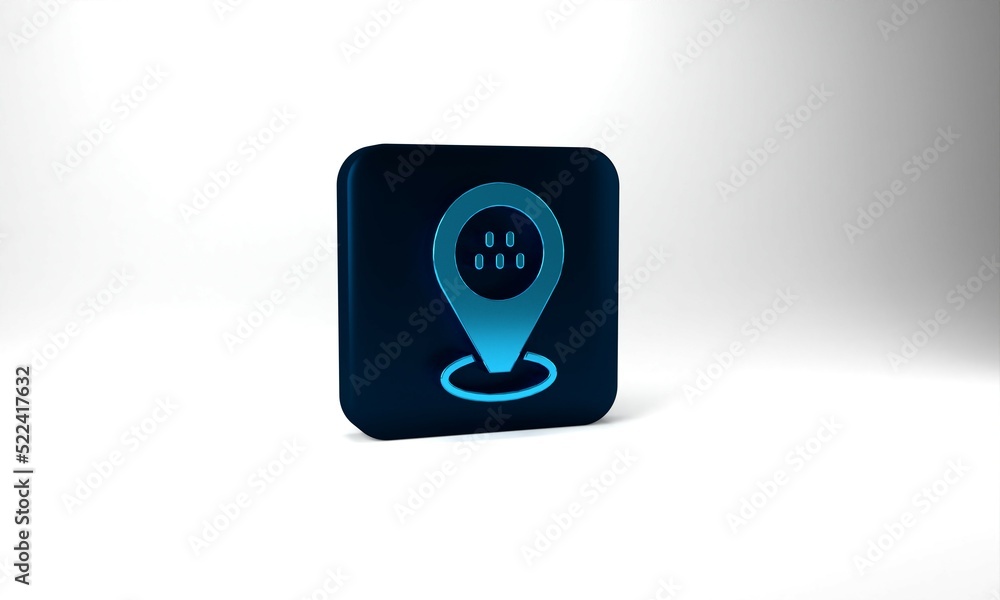 Poster blue map pointer with taxi car icon isolated on grey background. location symbol. blue square button