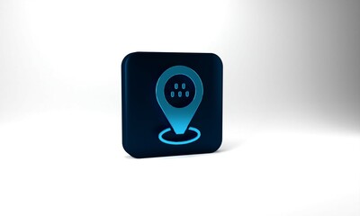 Blue Map pointer with taxi car icon isolated on grey background. Location symbol. Blue square button. 3d illustration 3D render
