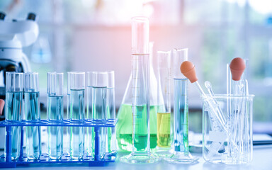 Laboratory research, test tubes with lab glassware, science laboratory research and development concept