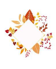 frame, postcard, autumn colored leaves for your decor
greeting invitation on a white background