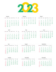 Yearly calendar template 2023. Week starts on Sunday. Calendar design in a minimalist style. Vector