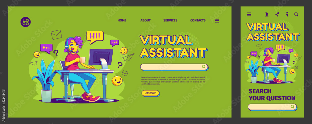 Poster virtual assistant landing page, app ui ux mobile app onboard screen template. call center operator c