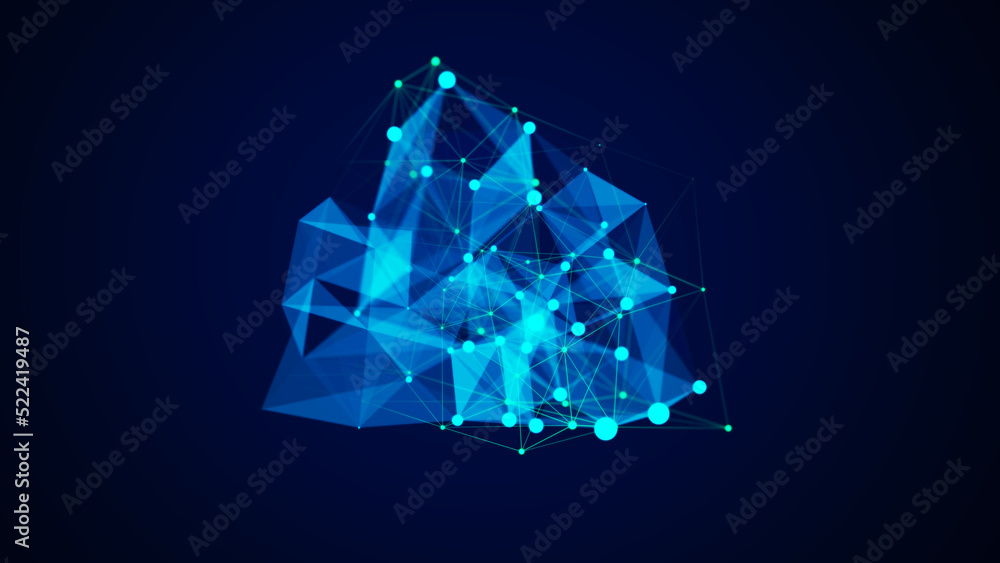 Poster Futuristic geometric chaotic shape with connecting dots and lines. Abstract blue digital background. Network concept. Big data complex with compounds. 3D rendering.