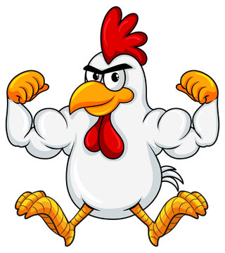 Muscular rooster cartoon character