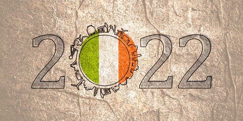 2022 year number with industrial icons around zero digit. Flag of Ireland.