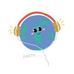 Funny planet listening to music. Kids graphic. Vector hand drawn illustration. - 522420049