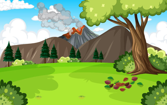 Background scene with volcano and forest