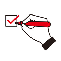 Obraz premium 赤ペンでチェックを入れる手,Red-pen check