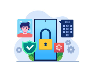 Mobile Smartphone Security With Face Recognition, Fingerprint, and Pin.
Security system in smartphone Illustration.
Modern Phone Security.
Can be used for web, landing page, animation, etc