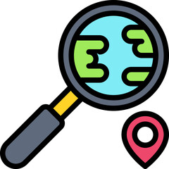 Magnifying glass and pin icon, location map and navigation vector