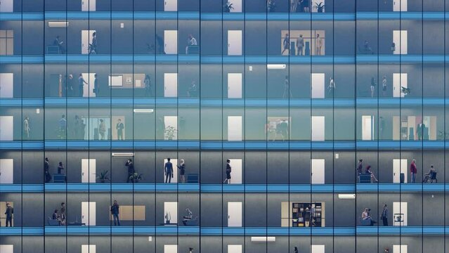 Numerous visitors and office workers on the floors of the municipal building. 3d rendering