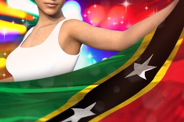 beautiful woman holds Saint Kitts and Nevis flag in front on the party lights - flag concept 3d illustration