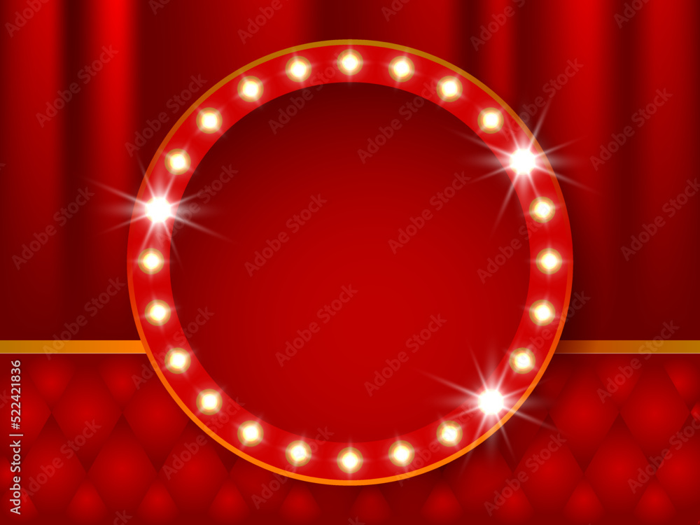 Wall mural Theater stage. Red curtains stage, theater or opera background with spotlight. Festival night show banner. Circle retro frame with glowing lamps. Vector illustration with shining lights - Wall murals
