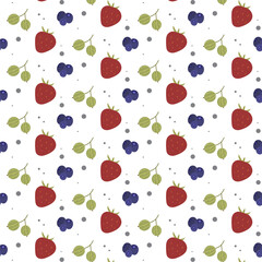 Seamless berry pattern with strawberry, blueberry and gooseberry. Hand drawn berry pattern that can be used for kitchen, textile, stationery, etc. 