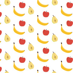 Seamless colorful fruit pattern with banana, apple and pear.  Hand drawn fruit pattern that can be used for stationery, textile, kitchen and etc. 