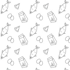 Seamless grey food pattern with isolated fish, milk, eggs and cheese. Hand drawn seamless pattern with food in grey color that can be used for any printed materials.
