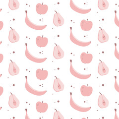 Seamless pink fruit pattern with banana, apple and pear.  Hand drawn fruit pattern in pink colors that can be used for stationery, textile, kitchen and any printed materials. 