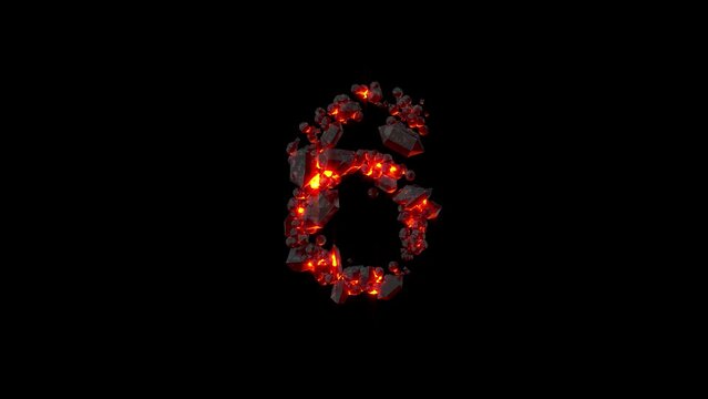 crystal alphabet - number 6 of shining dark fire stones, isolated - loop video