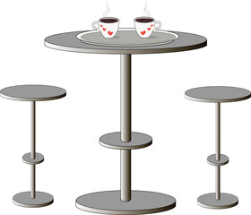 A table on which stands a tray with two cups of coffee and two bar stools