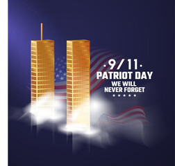 9/11 memorial day September 11.Patriot day NYC World Trade Center. We will never forget, the terrorist attacks of september 11. Twin towers representing the number eleven. Gold twin tower WTC