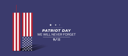 9/11 memorial day September 11.Patriot day NYC World Trade Center. We will never forget, the terrorist attacks of september 11. World Trade Center with simple flag shape symbol - obrazy, fototapety, plakaty