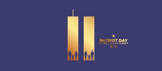 9/11 memorial day September 11.Patriot day NYC World Trade Center. We will never forget. Golden wtc concept. Gold World Trade Center with happy family walking
