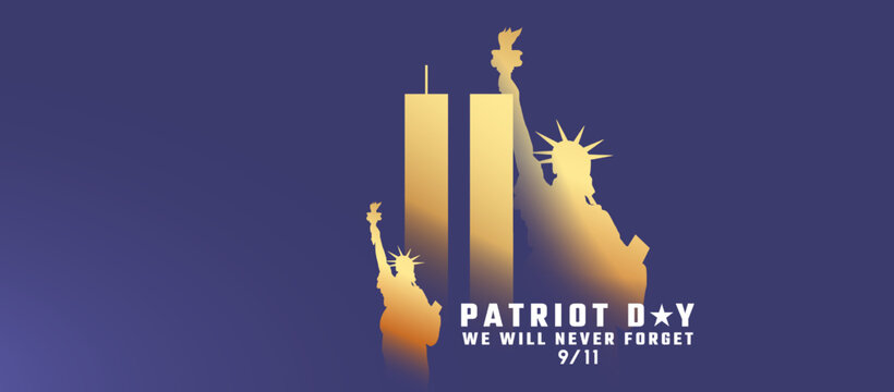 9/11 memorial day September 11.Patriot day NYC World Trade Center. We will never forget, the terrorist attacks of september 11. World Trade Center with golden liberty
