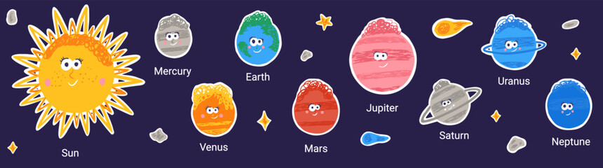 Solar system set for children. Cute planets and sun with faces