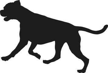Black dog silhouette. Running and jumping german boxer puppy. Pet animals. Isolated on a white background. Vector illustration.