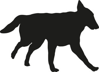 Black dog silhouette. Running belgian sheepdog puppy. Tervuren. Pet animals. Isolated on a white background. Vector illustration.