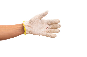 Hand wearing cotton glove isolated