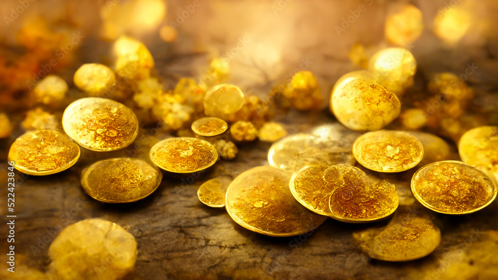 Poster 3d render gold coins abstract background with soft glowing backdrop texture for christmas and valent