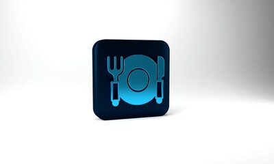 Blue Plate, fork and knife icon isolated on grey background. Cutlery symbol. Restaurant sign. Blue square button. 3d illustration 3D render