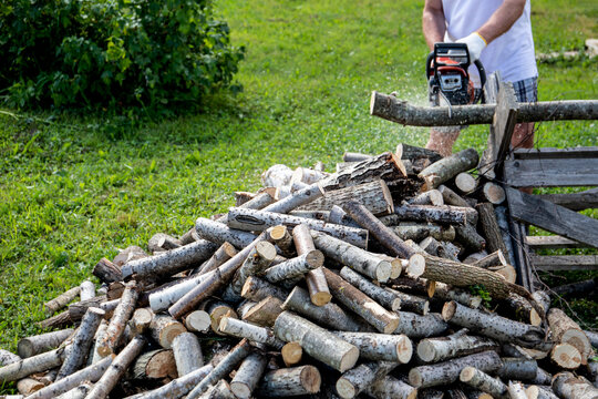 A man with a chainsaw splits logs into firewood Preparing firewood for the winter