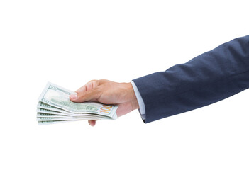 Man hand holding 100 dollar banknote isolated