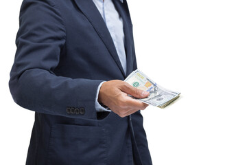 Man hand holding 100 dollar banknote isolated