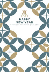 2023年卯年　七宝模様のフォトフレーム年賀状　紺×ゴールド