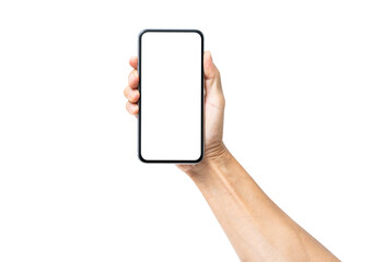 Hand holding mobile phone isolated