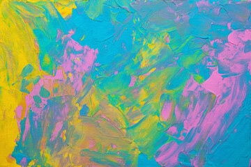 Macro Photo of Bright Hand-drawn Background Colorful Oil Painting on Canvas. Abstract Acrylic Paint Texture of Blue, Green, Pink, Yellow Colors.