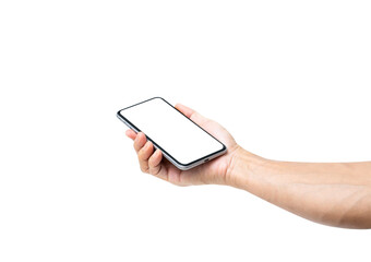 Hand holding mobile phone isolated - 522425889