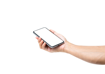 Hand holding mobile phone isolated