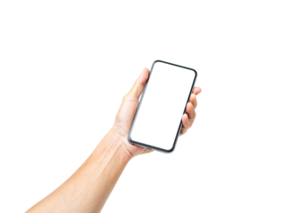 Hand holding mobile phone isolated