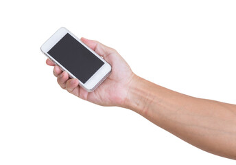 Hand holding mobile phone isolated