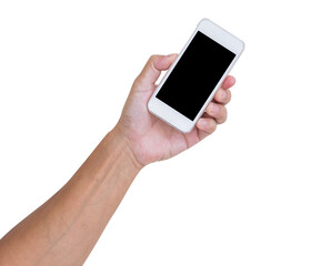 Hand holding mobile phone isolated