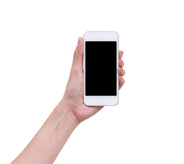 Hand holding mobile phone isolated