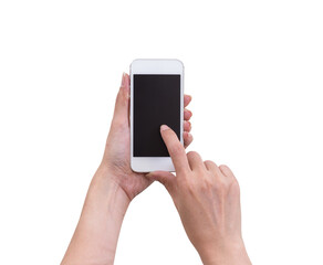 Hand holding mobile phone isolated